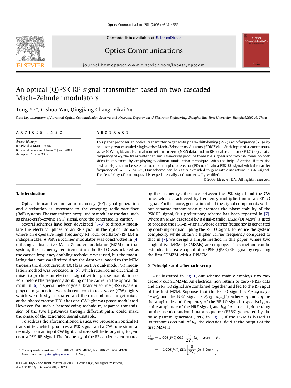عکس صفحه اول مقاله: An optical (Q)PSK-RF-signal transmitter based on two cascaded Mach-Zehnder modulators An optical (Q)PSK-RF-signal transmitter based on two cascaded Mach-Zehnder modulators