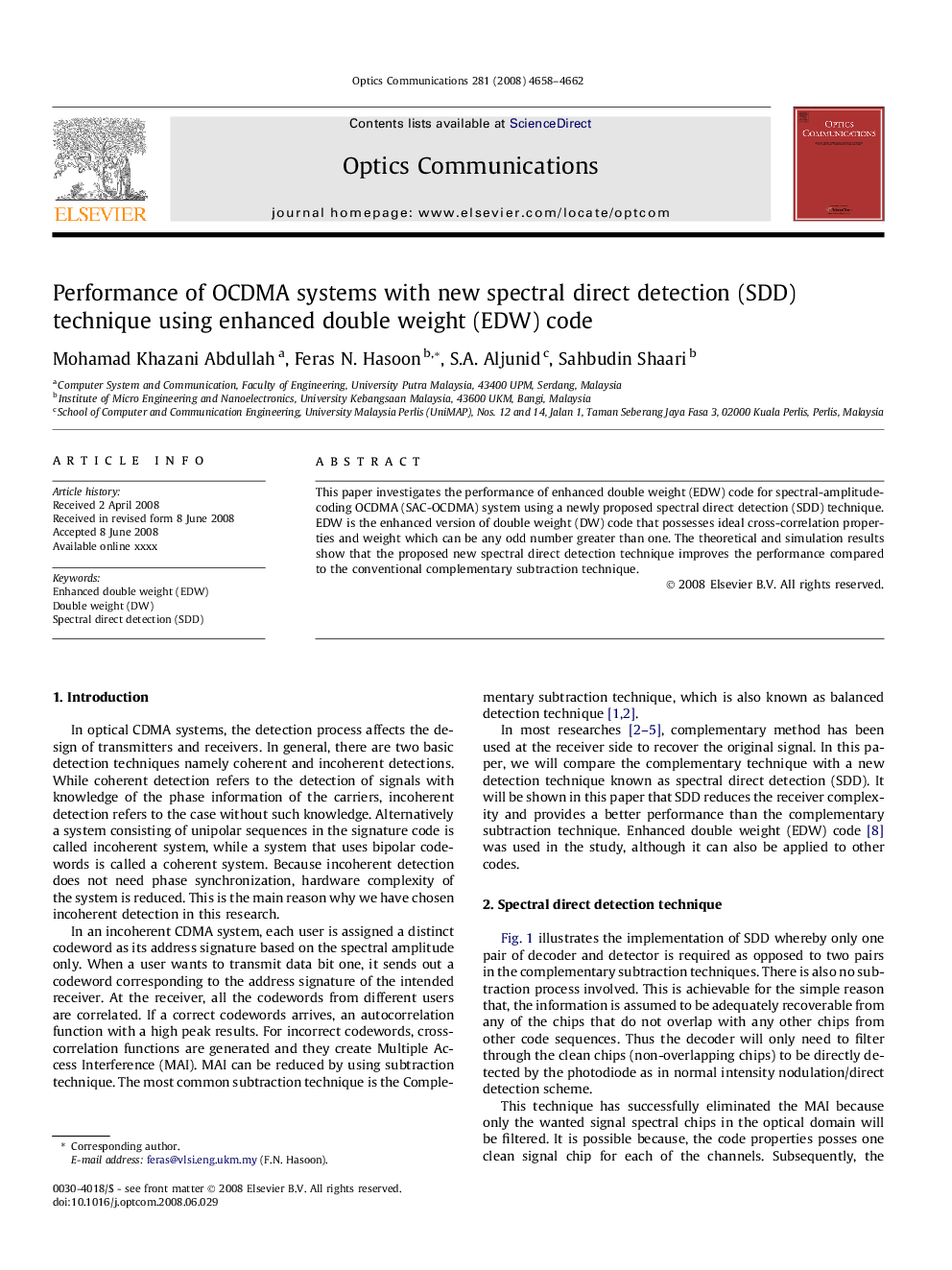 عکس صفحه اول مقاله: Performance of OCDMA systems with new spectral direct detection (SDD) technique using enhanced double weight (EDW) code Performance of OCDMA systems with new spectral direct detection (SDD) technique using enhanced double weight (EDW) code