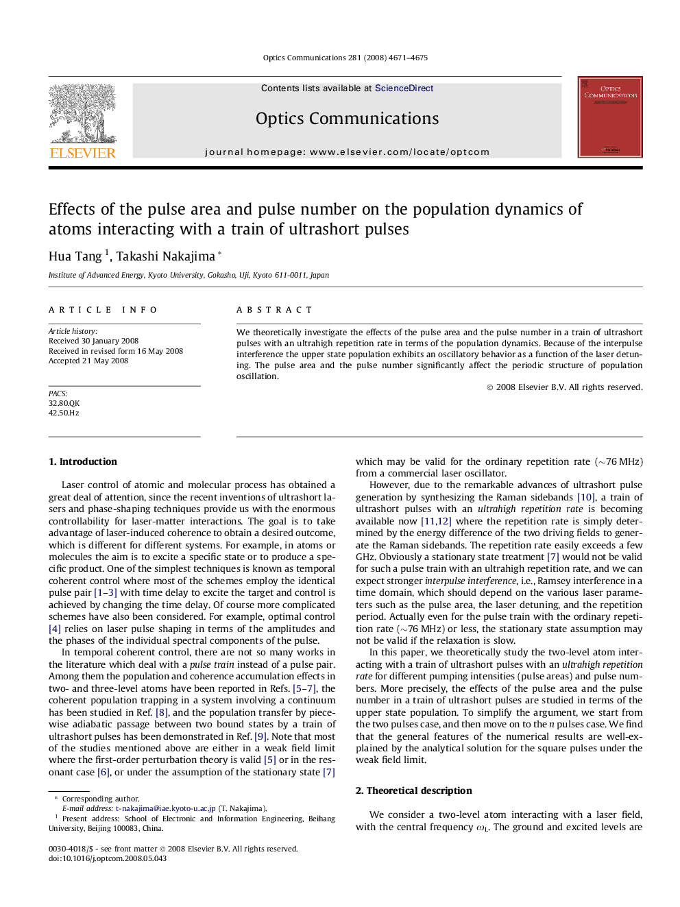 عکس صفحه اول مقاله: Effects of the pulse area and pulse number on the population dynamics of atoms interacting with a train of ultrashort pulses Effects of the pulse area and pulse number on the population dynamics of atoms interacting with a train of ultrashort pulses