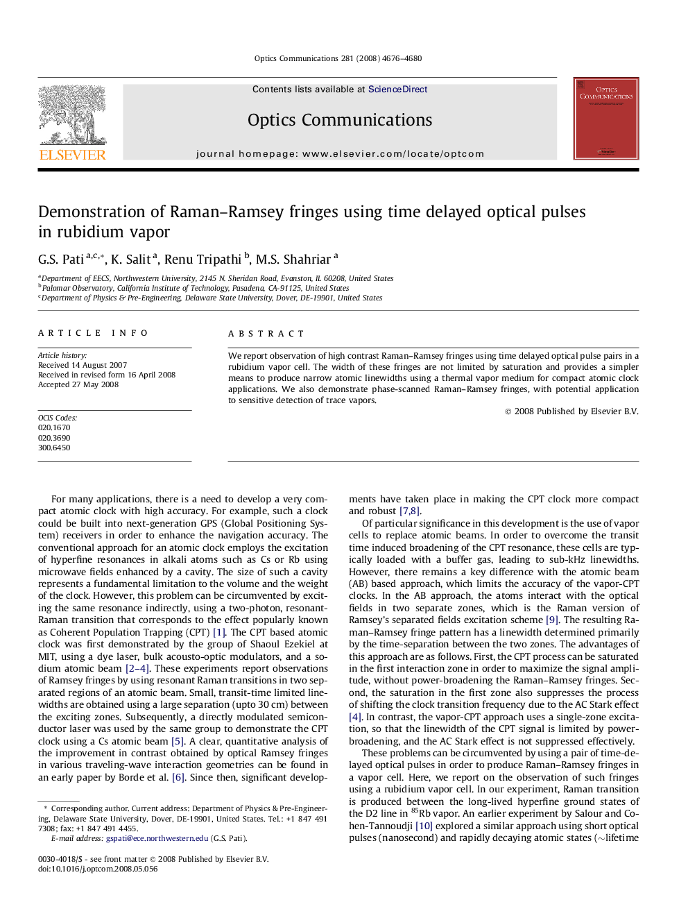 عکس صفحه اول مقاله: Demonstration of Raman–Ramsey fringes using time delayed optical pulses in rubidium vapor Demonstration of Raman–Ramsey fringes using time delayed optical pulses in rubidium vapor