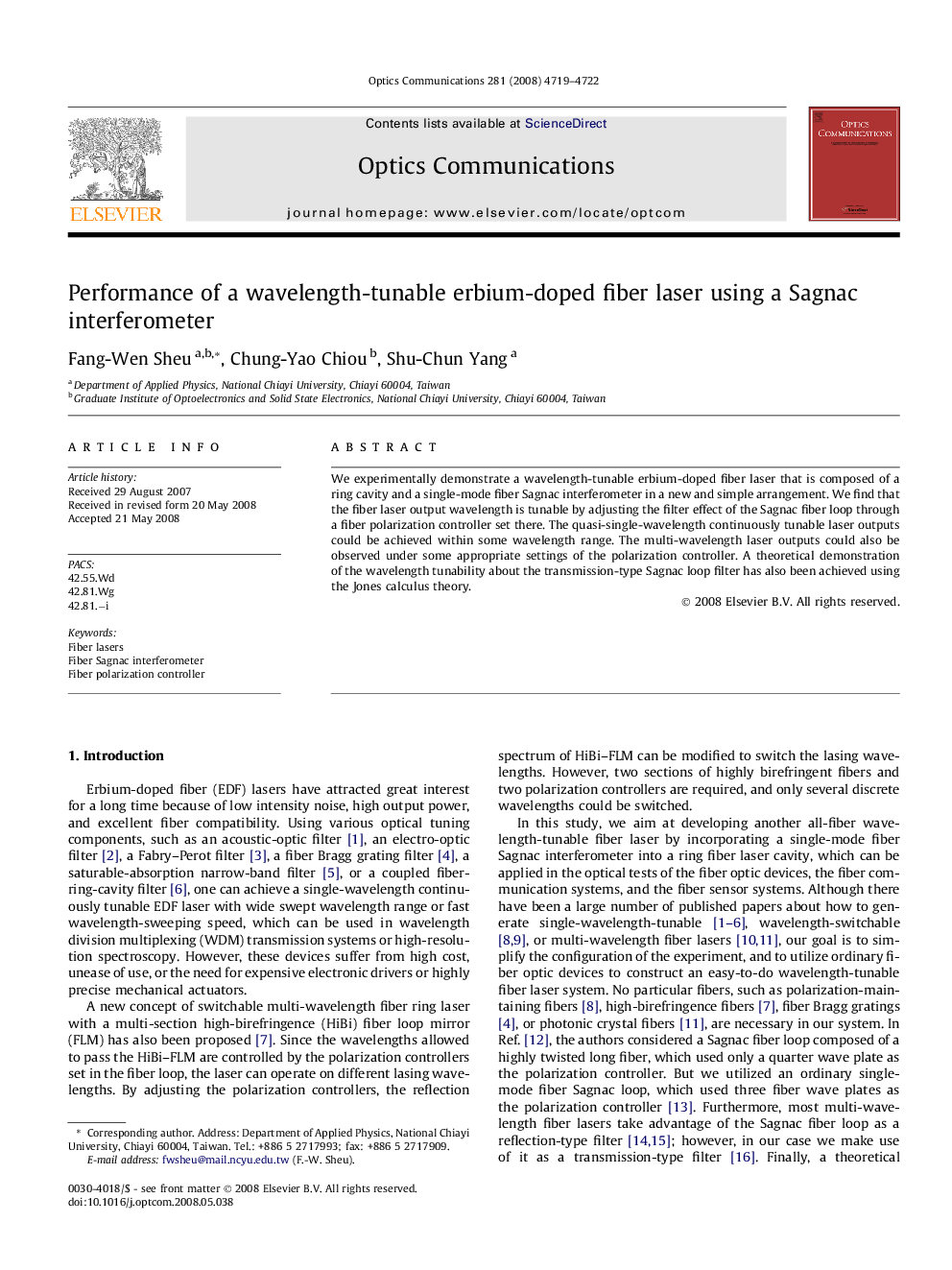 عکس صفحه اول مقاله: Performance of a wavelength-tunable erbium-doped fiber laser using a Sagnac interferometer Performance of a wavelength-tunable erbium-doped fiber laser using a Sagnac interferometer