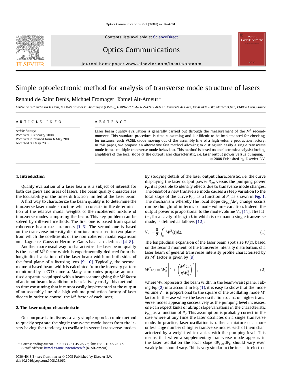 عکس صفحه اول مقاله: Simple optoelectronic method for analysis of transverse mode structure of lasers Simple optoelectronic method for analysis of transverse mode structure of lasers