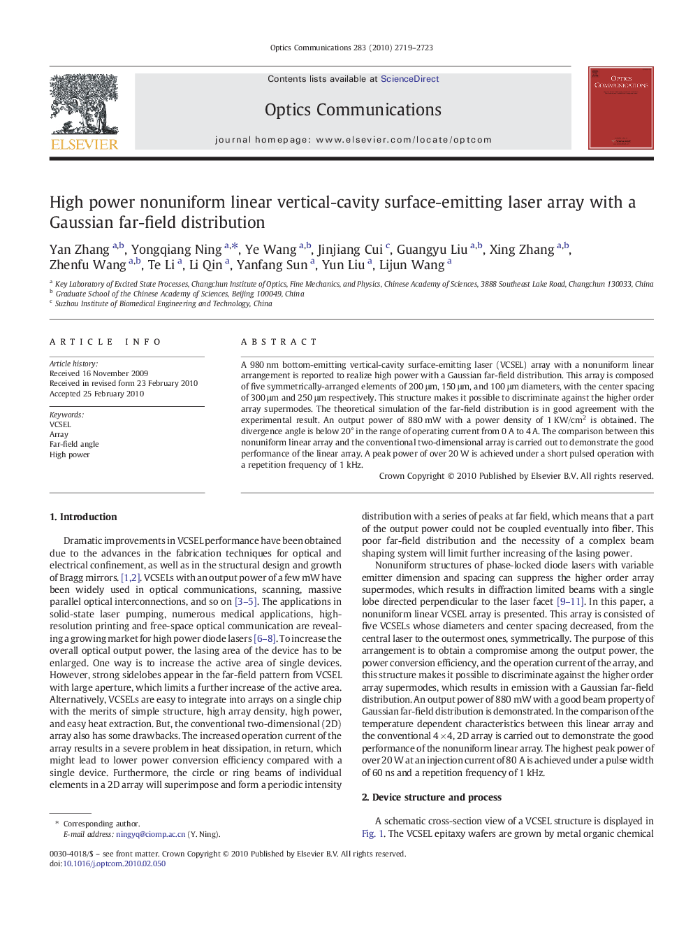 High power nonuniform linear vertical-cavity surface-emitting laser array with a Gaussian far-field distribution