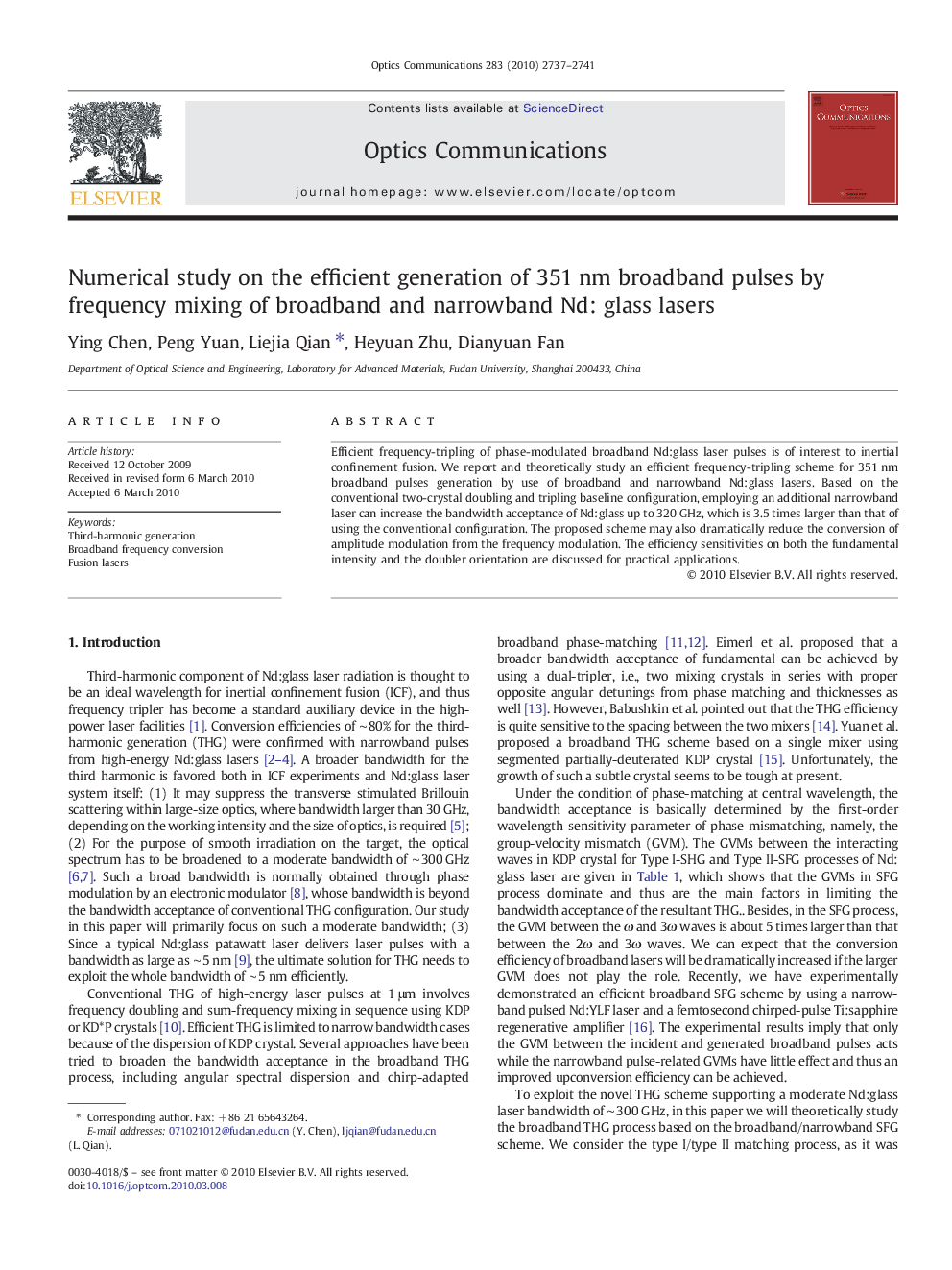 Numerical study on the efficient generation of 351 nm broadband pulses by frequency mixing of broadband and narrowband Nd: glass lasers