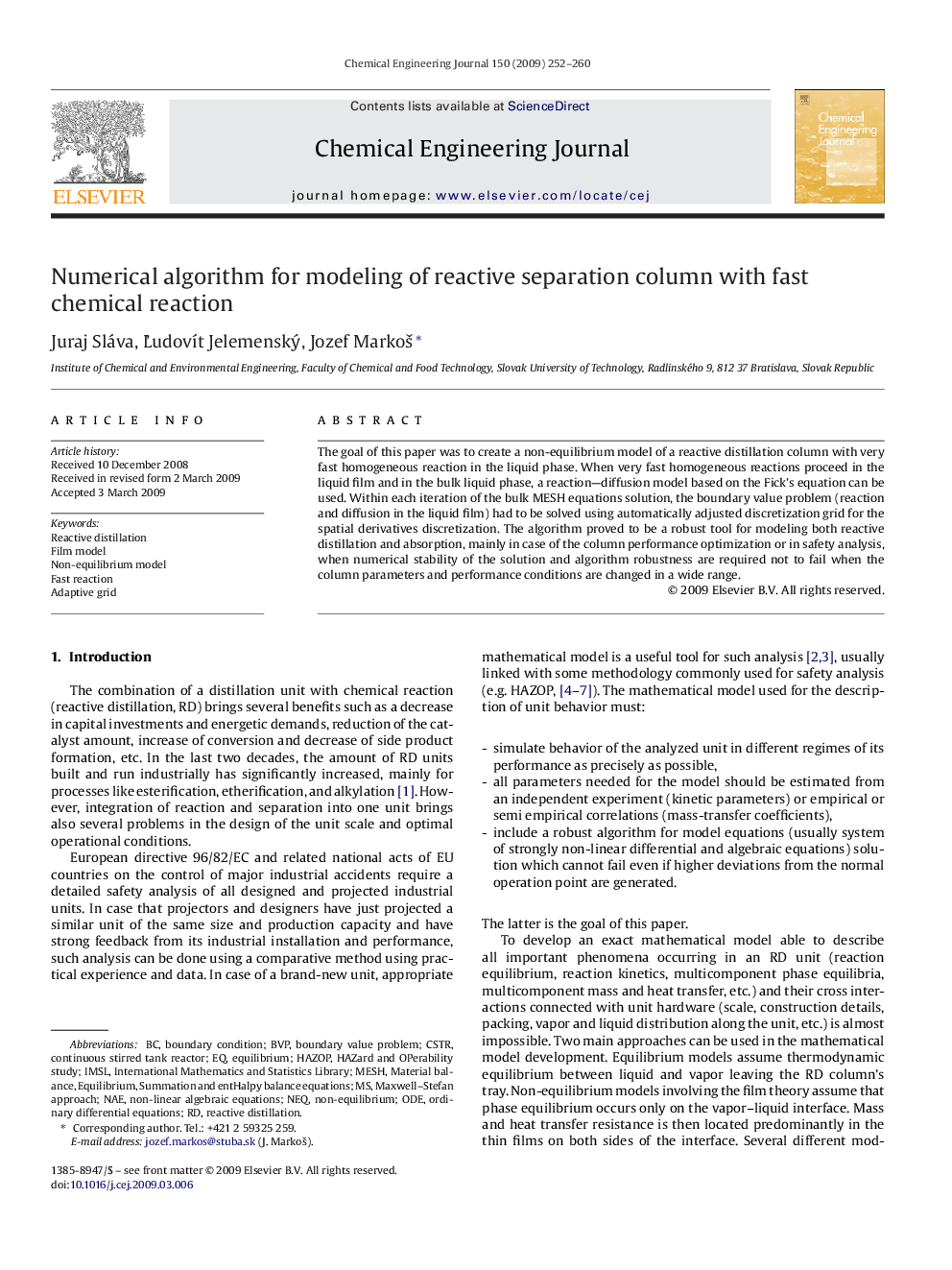 Numerical algorithm for modeling of reactive separation column with fast chemical reaction