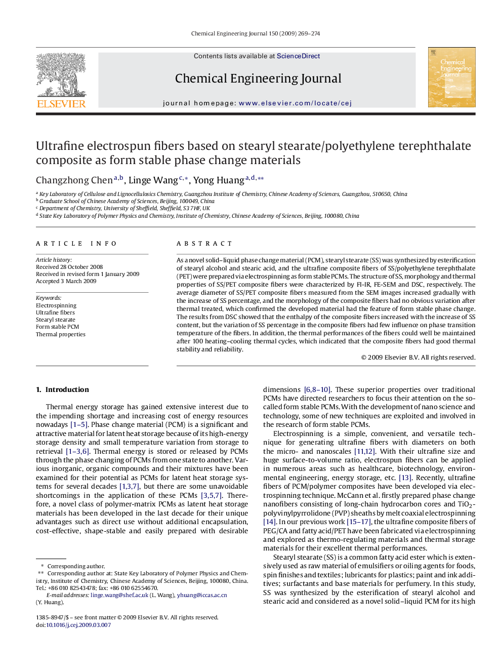 Ultrafine electrospun fibers based on stearyl stearate/polyethylene terephthalate composite as form stable phase change materials