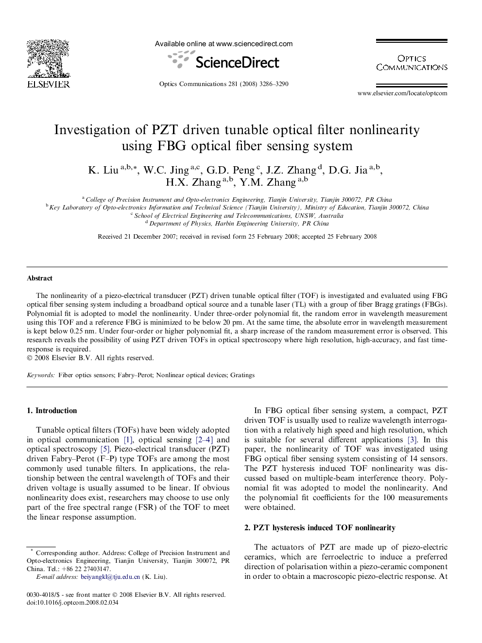 Investigation of PZT driven tunable optical filter nonlinearity using FBG optical fiber sensing system