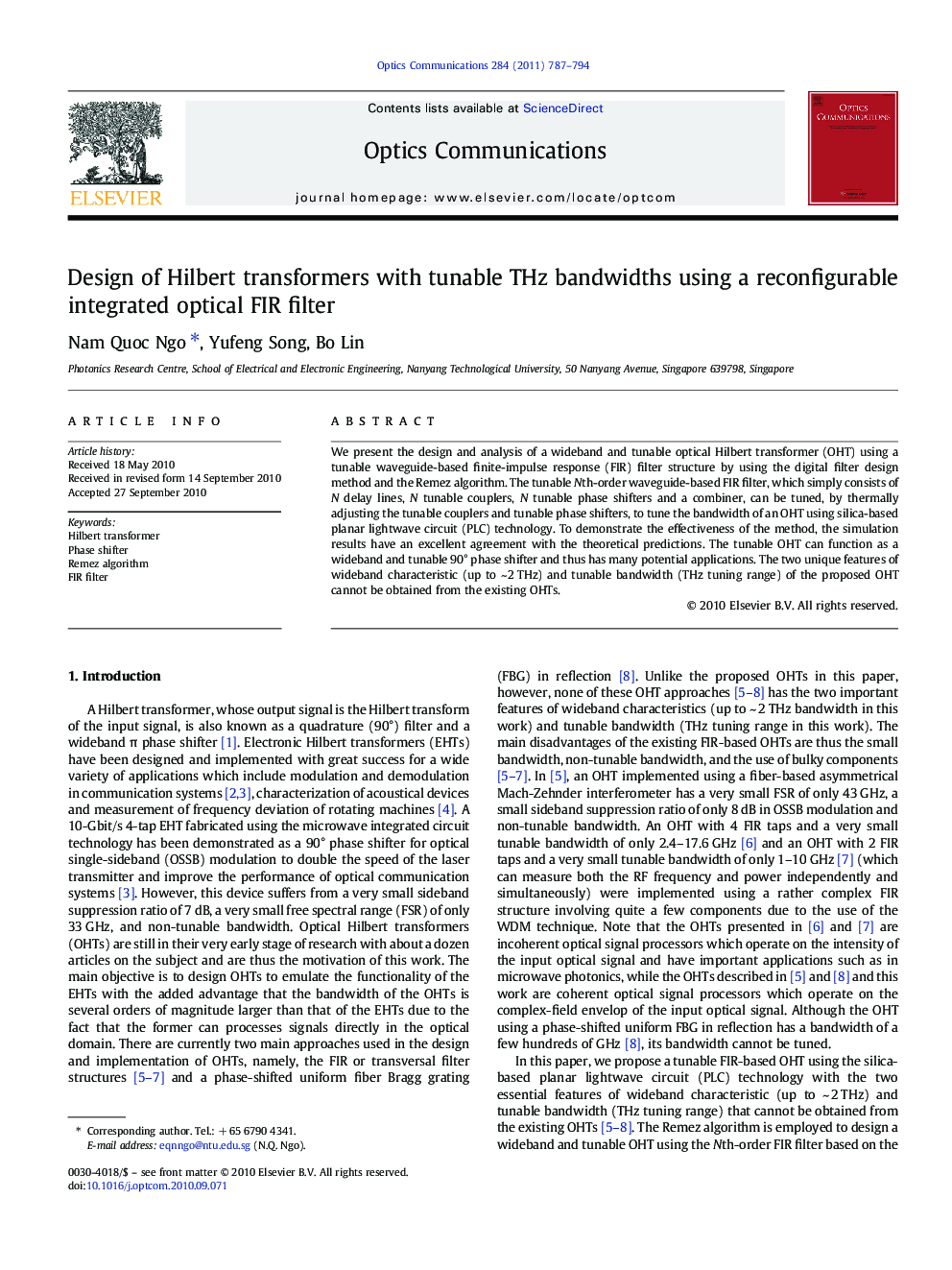 Design of Hilbert transformers with tunable THz bandwidths using a reconfigurable integrated optical FIR filter