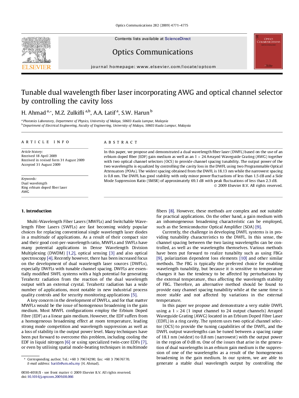 Tunable dual wavelength fiber laser incorporating AWG and optical channel selector by controlling the cavity loss