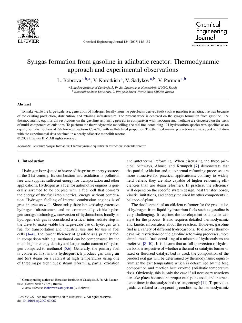 Syngas formation from gasoline in adiabatic reactor: Thermodynamic approach and experimental observations