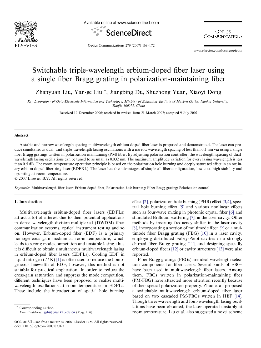 Switchable triple-wavelength erbium-doped fiber laser using a single fiber Bragg grating in polarization-maintaining fiber