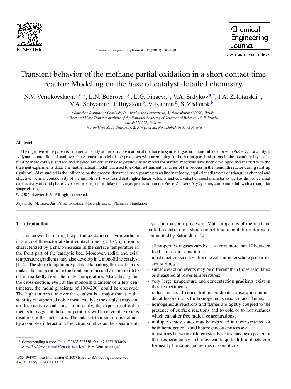 Transient behavior of the methane partial oxidation in a short contact time reactor: Modeling on the base of catalyst detailed chemistry