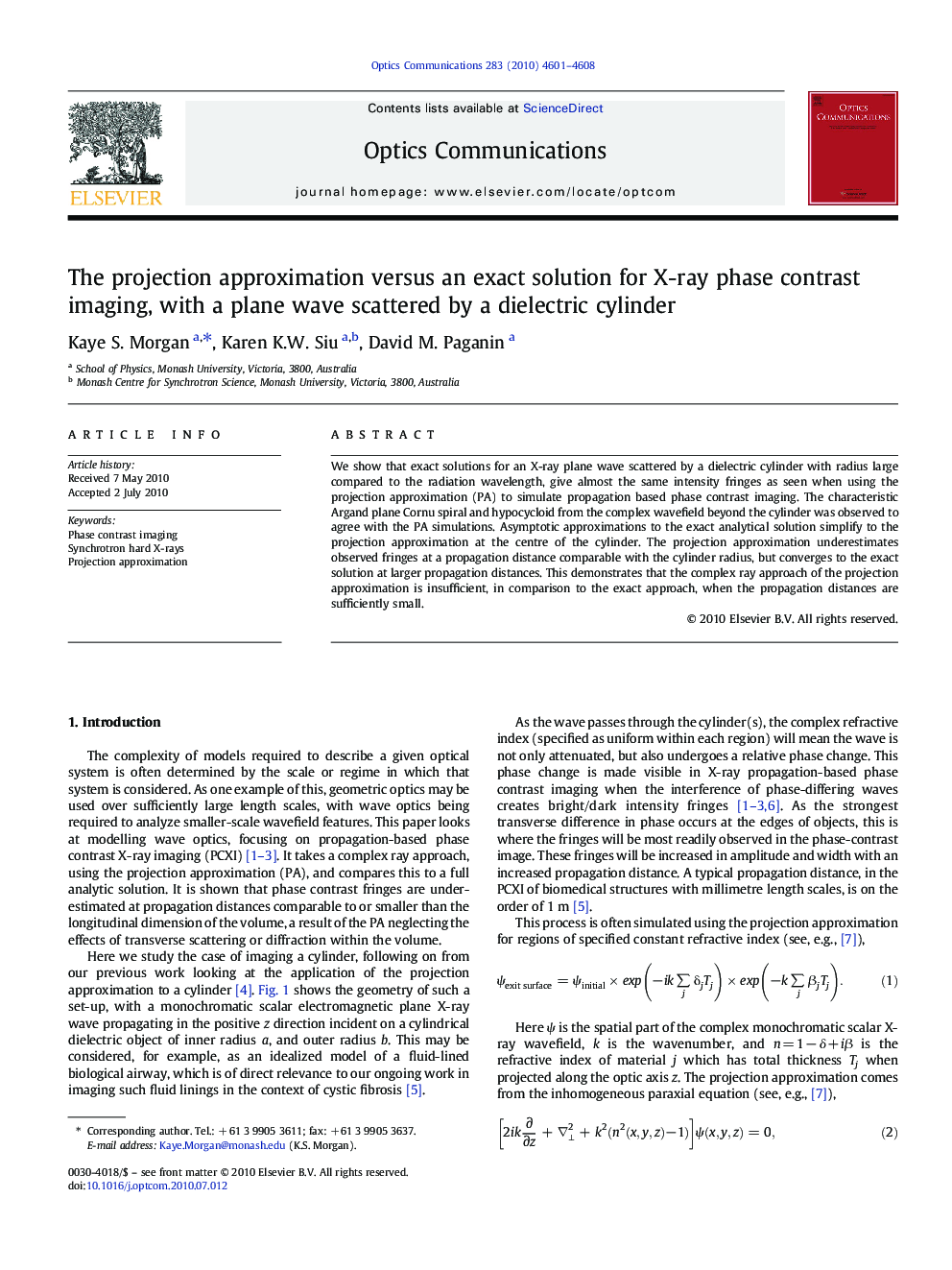 The projection approximation versus an exact solution for X-ray phase contrast imaging, with a plane wave scattered by a dielectric cylinder