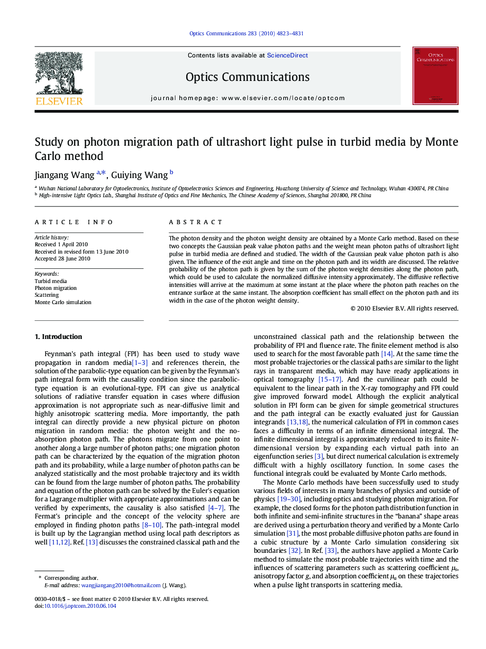 Study on photon migration path of ultrashort light pulse in turbid media by Monte Carlo method