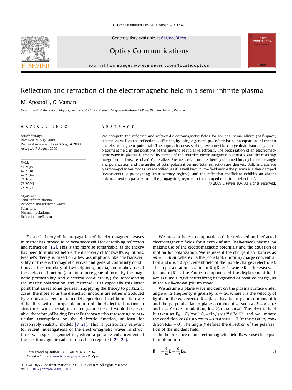 Reflection and refraction of the electromagnetic field in a semi-infinite plasma