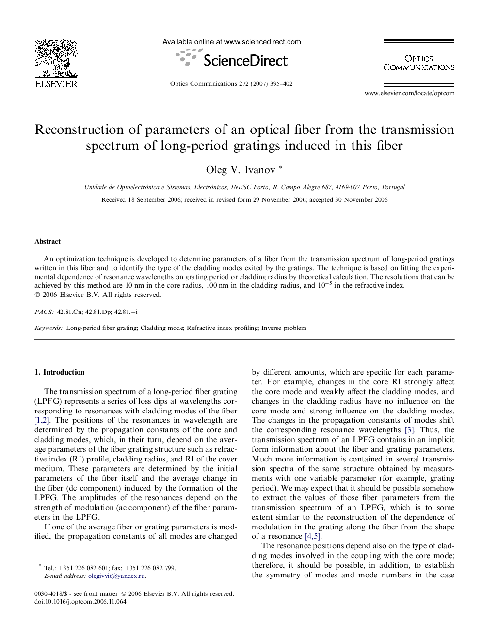 Reconstruction of parameters of an optical fiber from the transmission spectrum of long-period gratings induced in this fiber