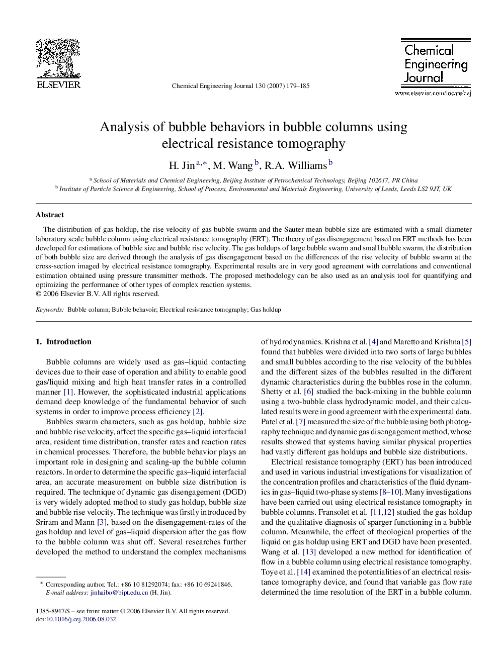 Analysis of bubble behaviors in bubble columns using electrical resistance tomography