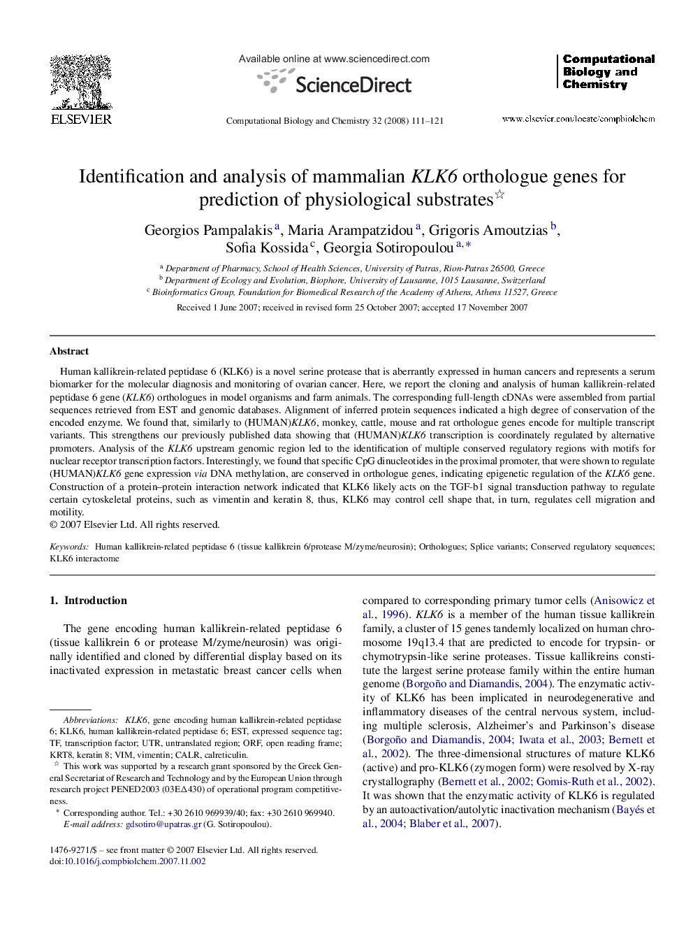 Identification and analysis of mammalian KLK6 orthologue genes for prediction of physiological substrates 