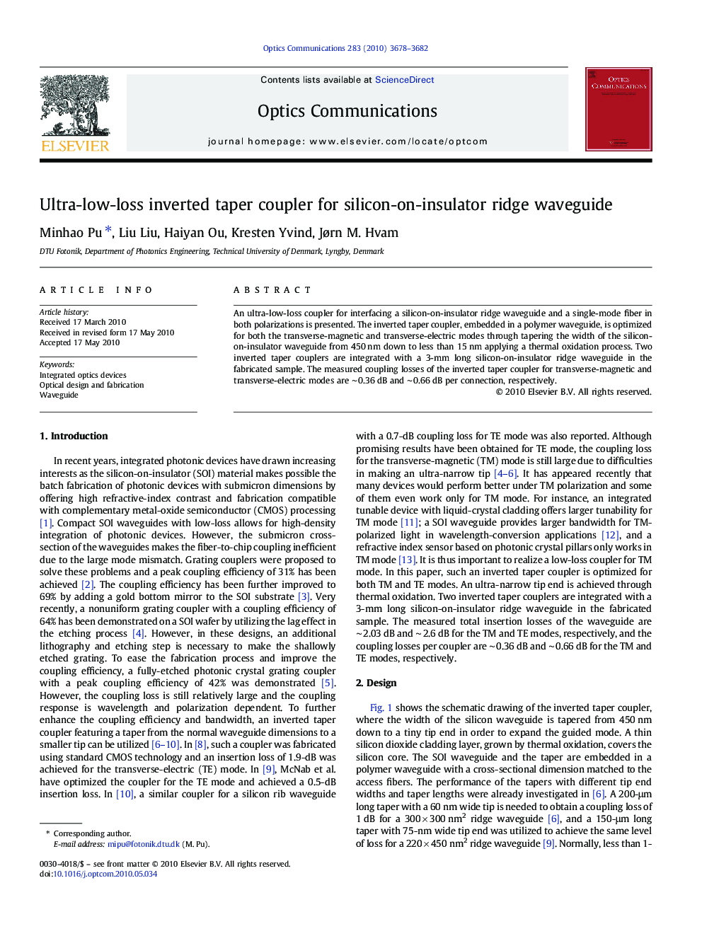 Ultra-low-loss inverted taper coupler for silicon-on-insulator ridge waveguide