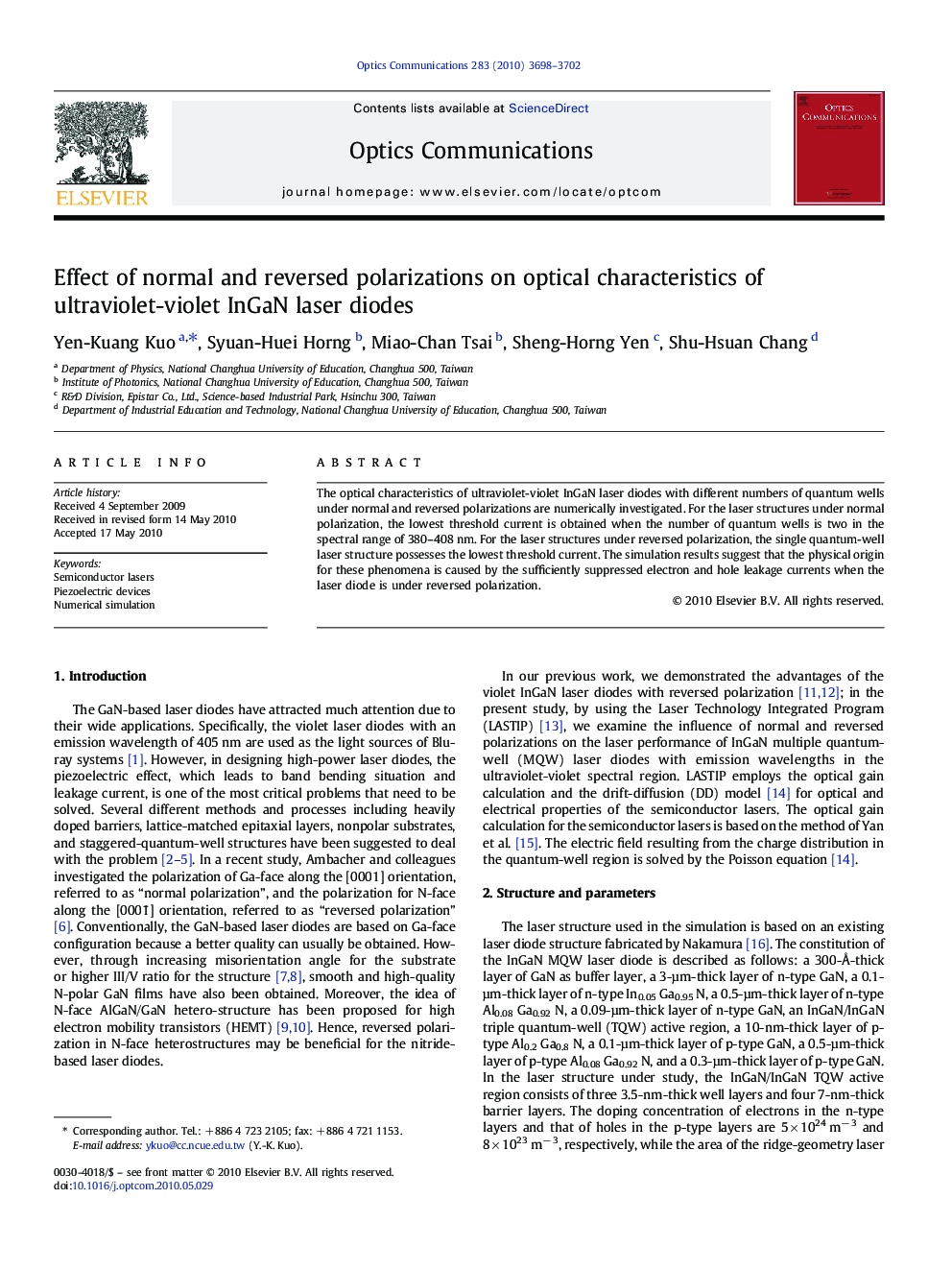 Effect of normal and reversed polarizations on optical characteristics of ultraviolet-violet InGaN laser diodes