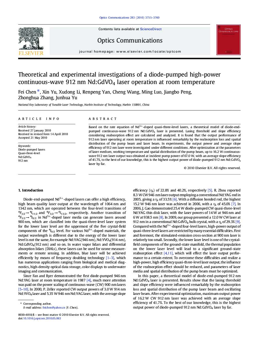 Theoretical and experimental investigations of a diode-pumped high-power continuous-wave 912 nm Nd:GdVO4 laser operation at room temperature