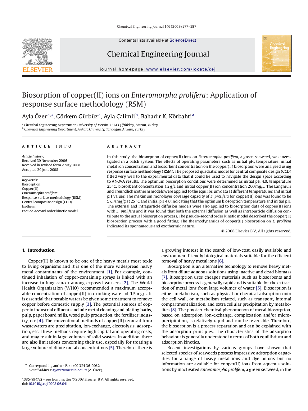 Biosorption of copper(II) ions on Enteromorpha prolifera: Application of response surface methodology (RSM)