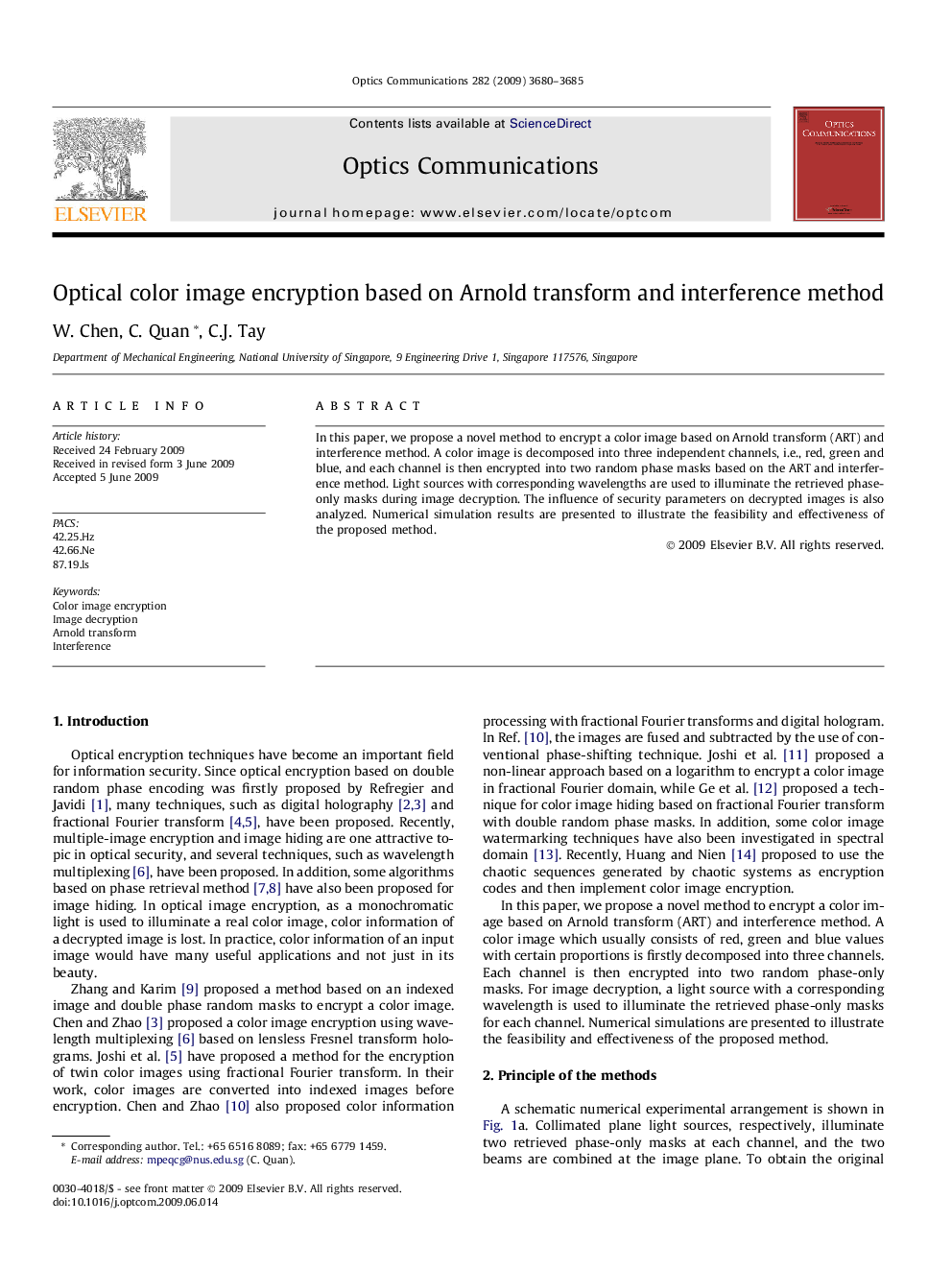 Optical color image encryption based on Arnold transform and interference method