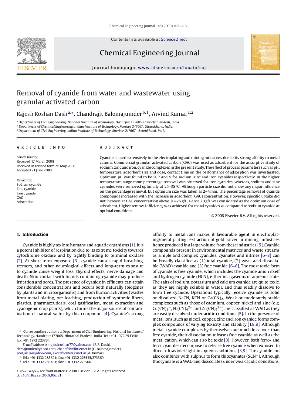 Removal of cyanide from water and wastewater using granular activated carbon