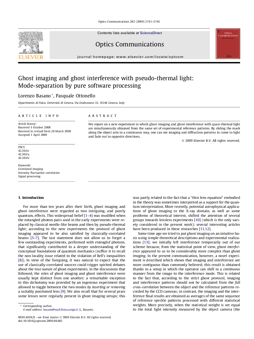 عکس صفحه اول مقاله: Ghost imaging and ghost interference with pseudo-thermal light: Mode-separation by pure software processing Ghost imaging and ghost interference with pseudo-thermal light: Mode-separation by pure software processing