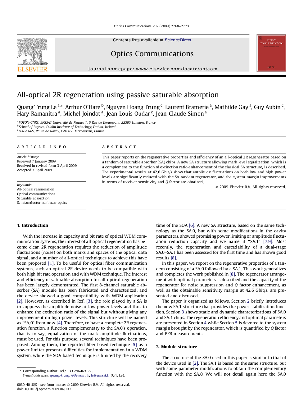 All-optical 2R regeneration using passive saturable absorption