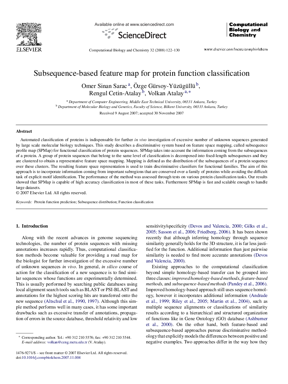 Subsequence-based feature map for protein function classification