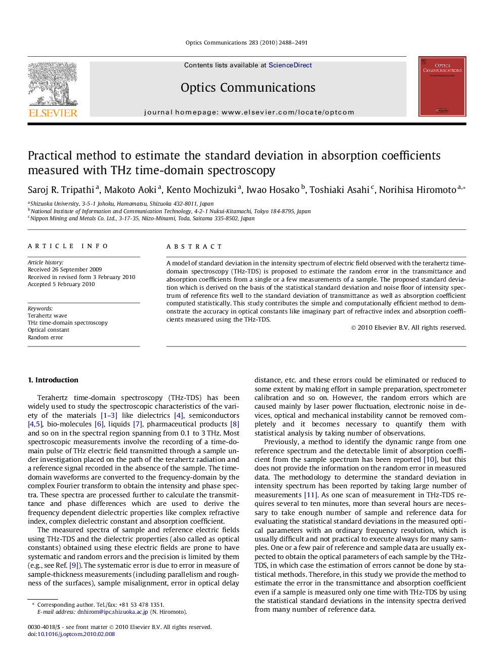 Practical method to estimate the standard deviation in absorption coefficients measured with THz time-domain spectroscopy