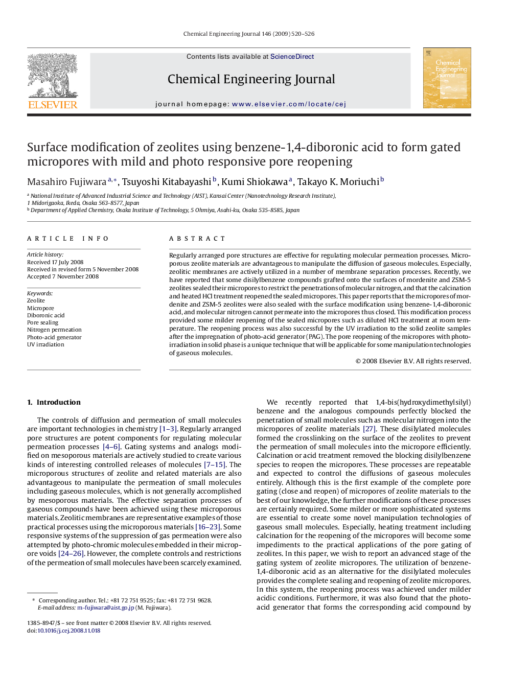 Surface modification of zeolites using benzene-1,4-diboronic acid to form gated micropores with mild and photo responsive pore reopening