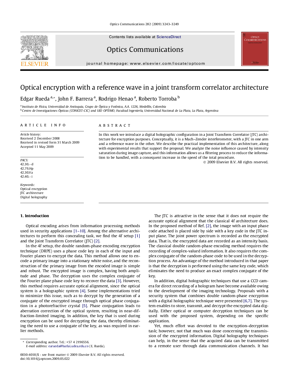 Optical encryption with a reference wave in a joint transform correlator architecture