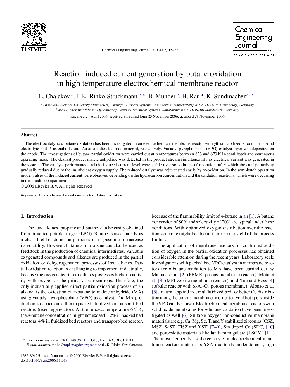 Reaction induced current generation by butane oxidation in high temperature electrochemical membrane reactor