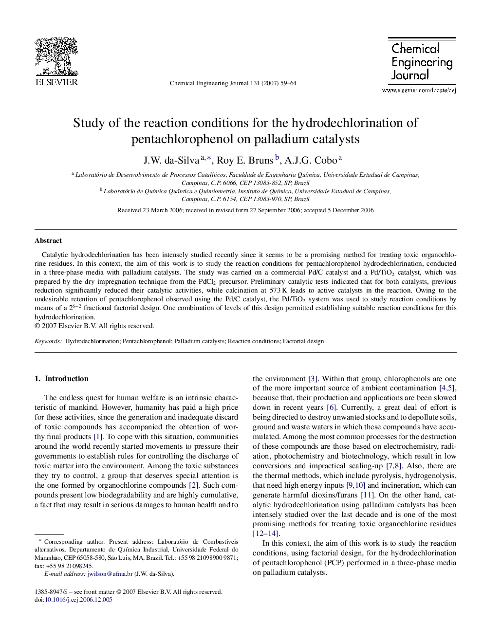 Study of the reaction conditions for the hydrodechlorination of pentachlorophenol on palladium catalysts