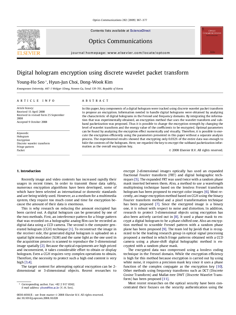 Digital hologram encryption using discrete wavelet packet transform