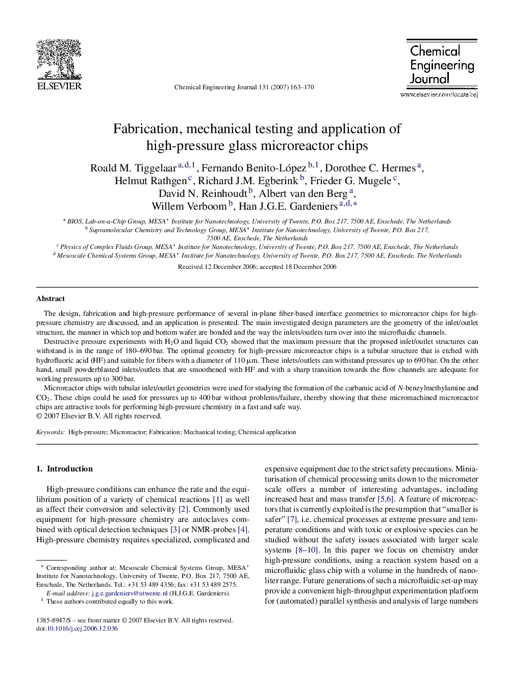 عکس صفحه اول مقاله: Fabrication, mechanical testing and application of high-pressure glass microreactor chips Fabrication, mechanical testing and application of high-pressure glass microreactor chips