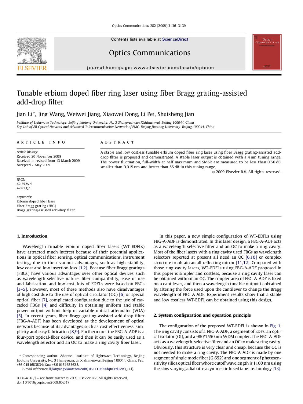 Tunable erbium doped fiber ring laser using fiber Bragg grating-assisted add-drop filter