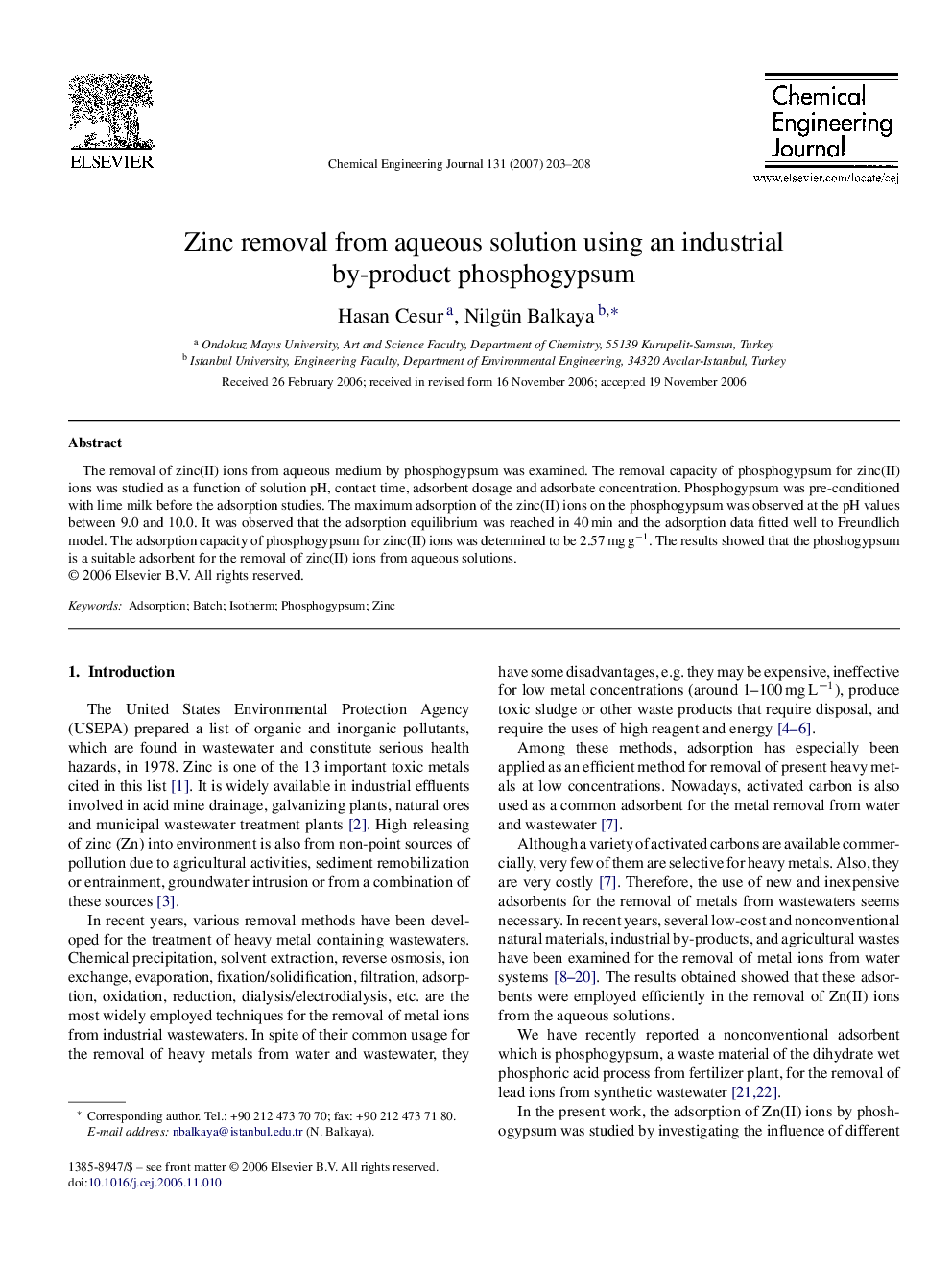 Zinc removal from aqueous solution using an industrial by-product phosphogypsum