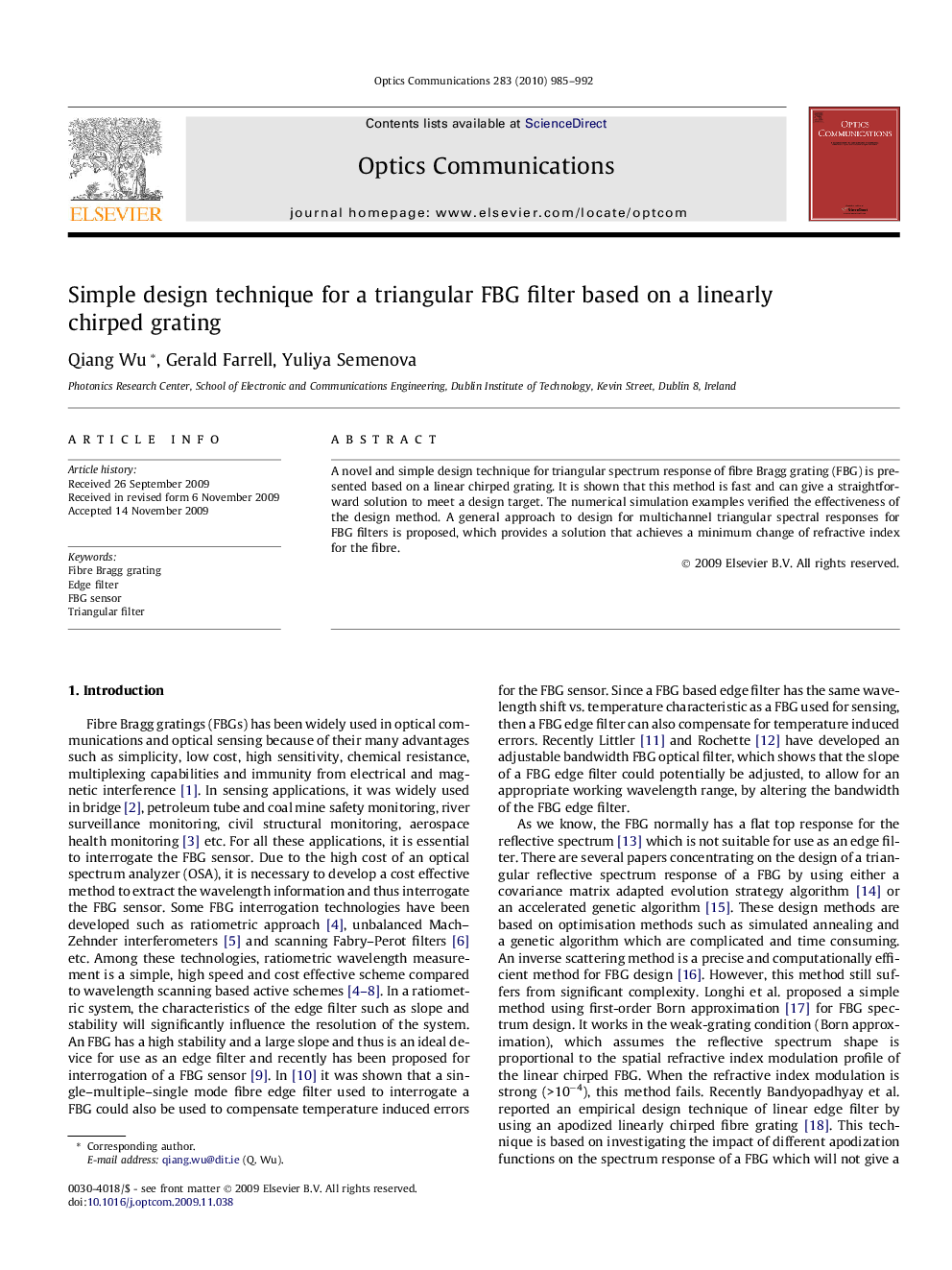 Simple design technique for a triangular FBG filter based on a linearly chirped grating