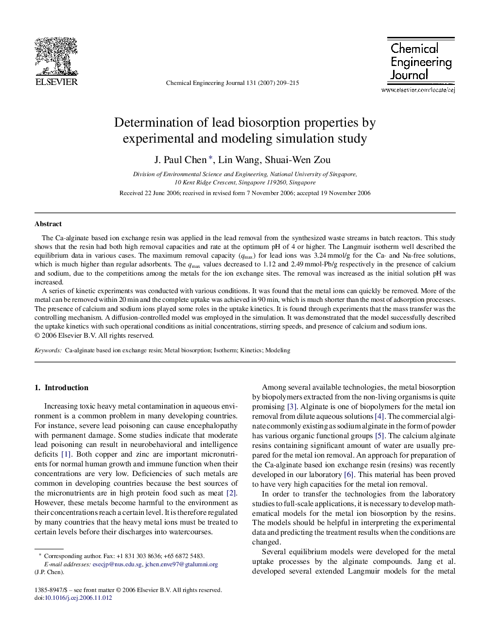 Determination of lead biosorption properties by experimental and modeling simulation study