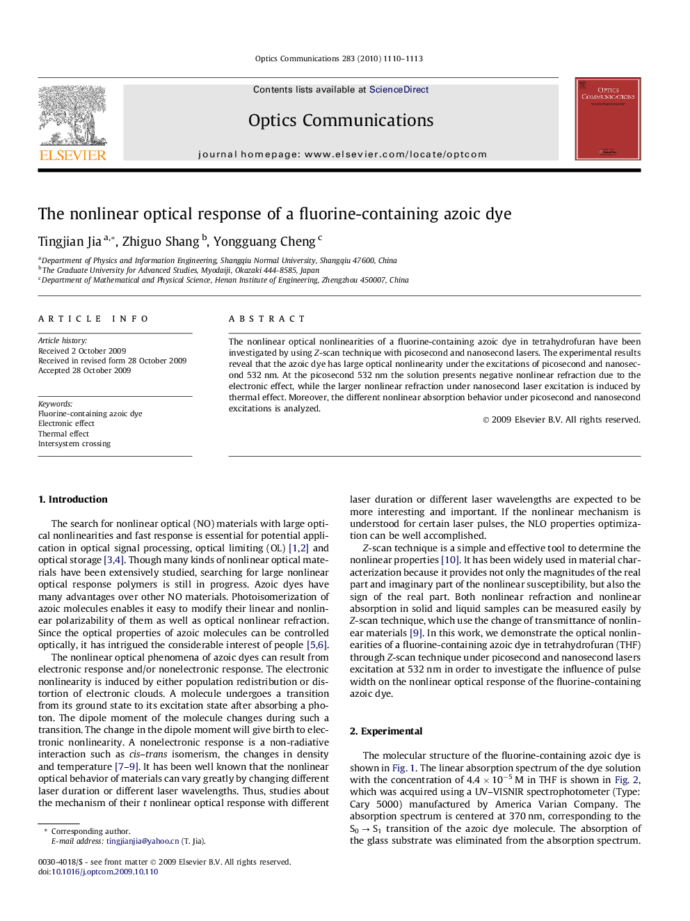 The nonlinear optical response of a fluorine-containing azoic dye