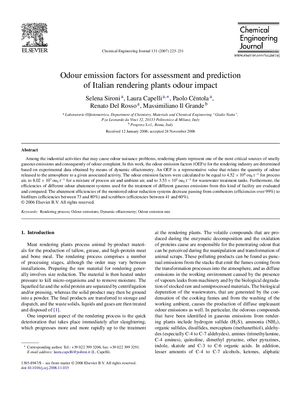 Odour emission factors for assessment and prediction of Italian rendering plants odour impact