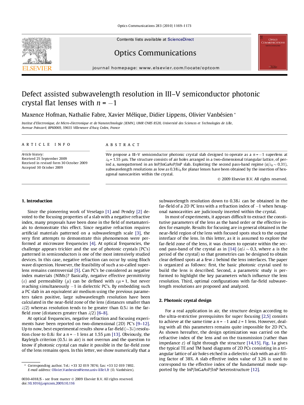 عکس صفحه اول مقاله: Defect assisted subwavelength resolution in III–V semiconductor photonic crystal flat lenses with n = −1 Defect assisted subwavelength resolution in III–V semiconductor photonic crystal flat lenses with n = −1