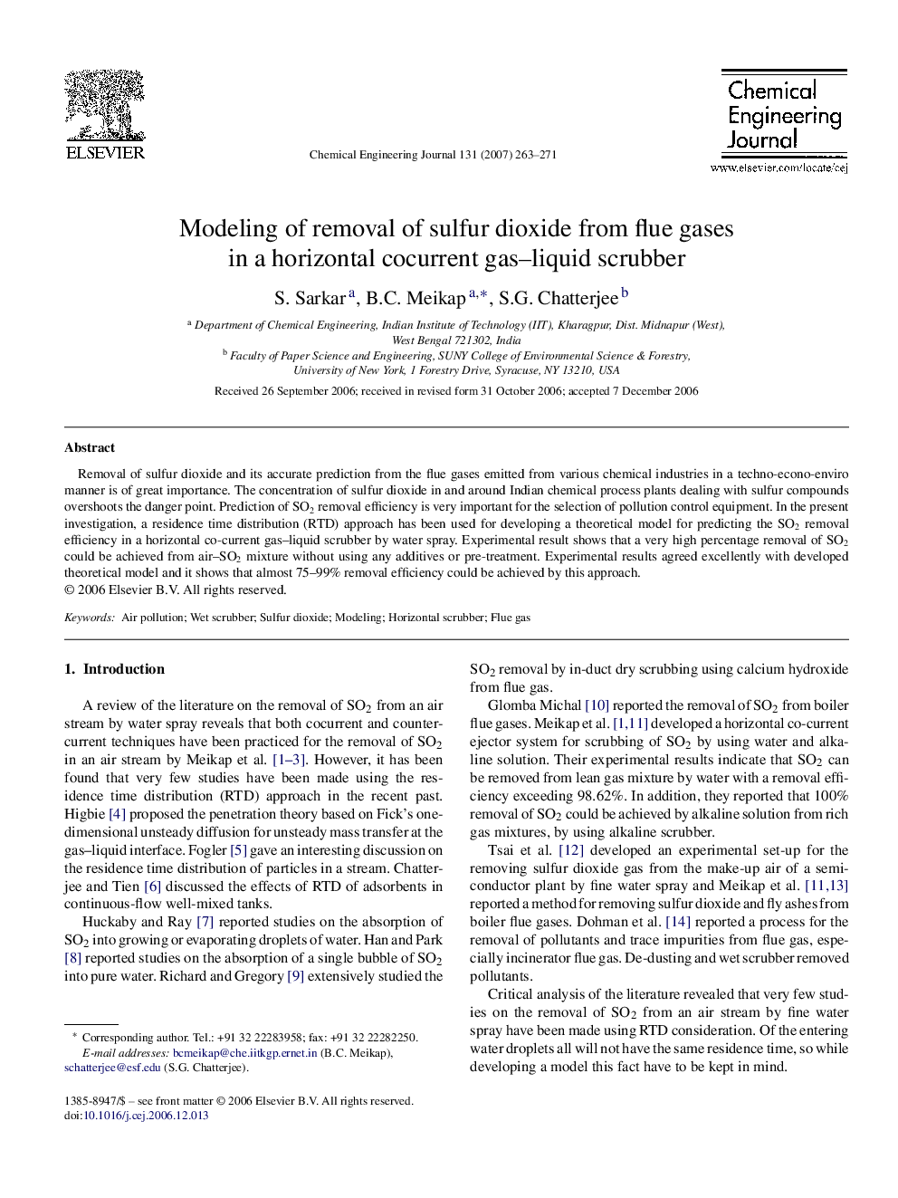 Modeling of removal of sulfur dioxide from flue gases in a horizontal cocurrent gas–liquid scrubber