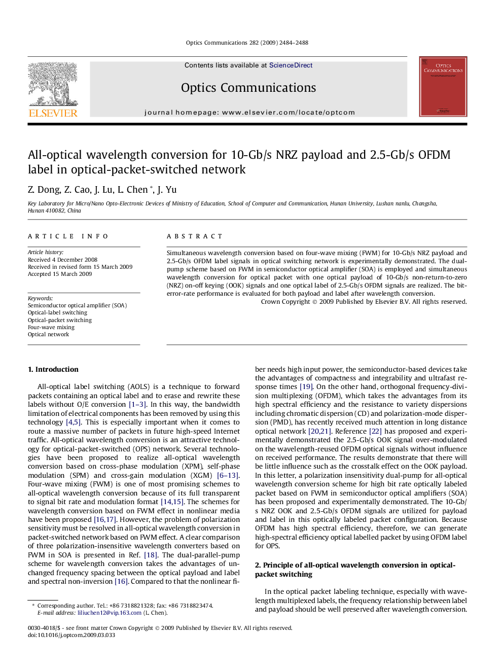 All-optical wavelength conversion for 10-Gb/s NRZ payload and 2.5-Gb/s OFDM label in optical-packet-switched network