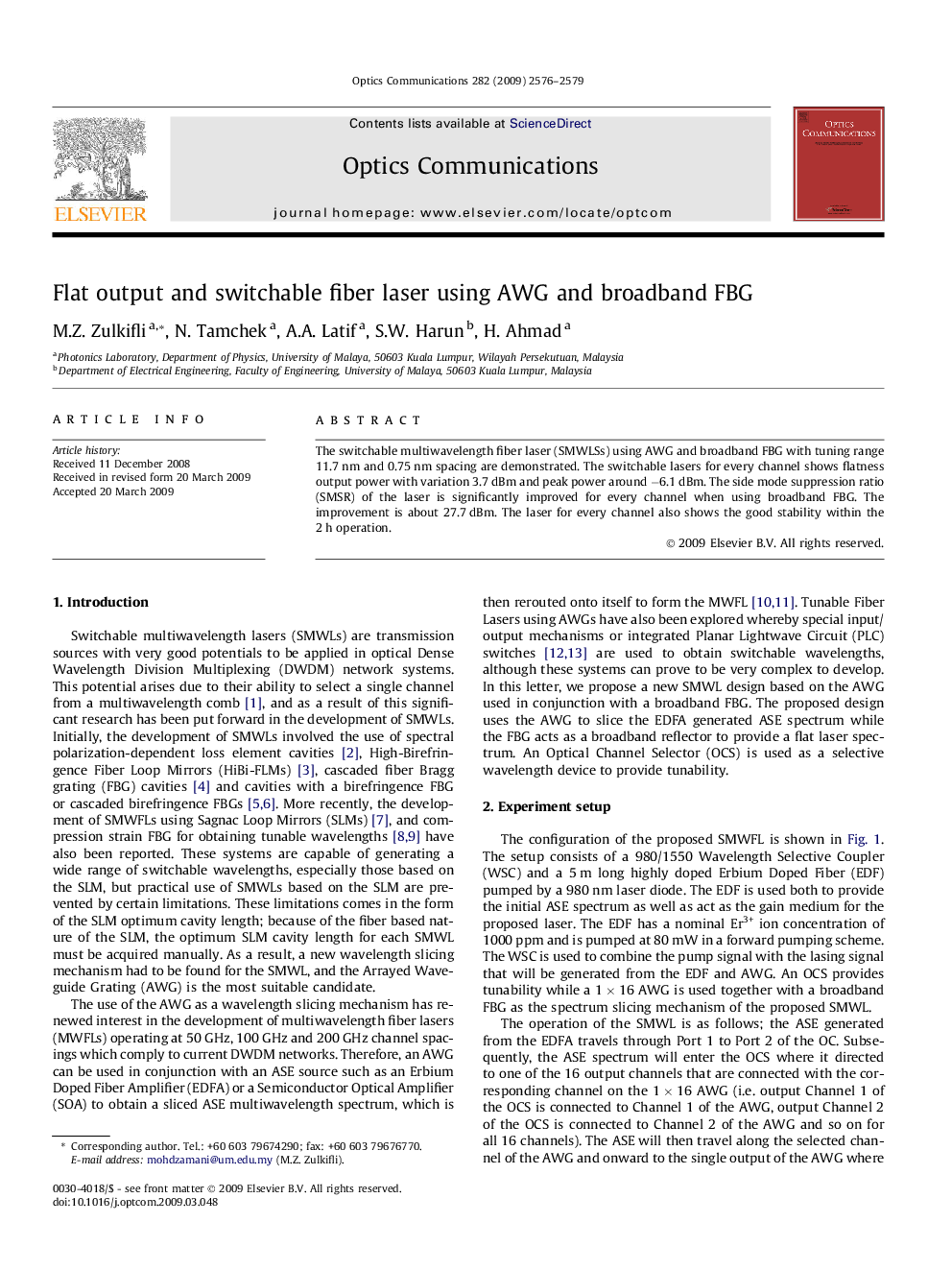 عکس صفحه اول مقاله: Flat output and switchable fiber laser using AWG and broadband FBG Flat output and switchable fiber laser using AWG and broadband FBG
