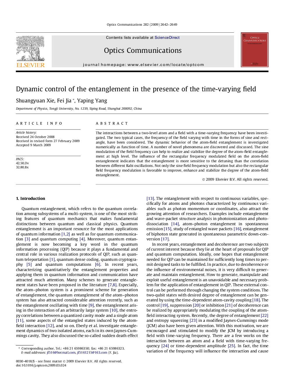 عکس صفحه اول مقاله: Dynamic control of the entanglement in the presence of the time-varying field Dynamic control of the entanglement in the presence of the time-varying field