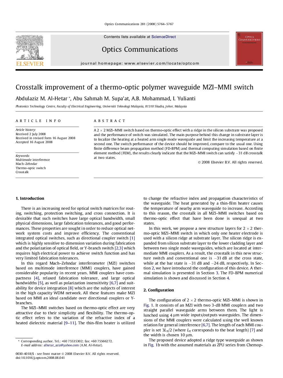 Crosstalk improvement of a thermo-optic polymer waveguide MZI–MMI switch